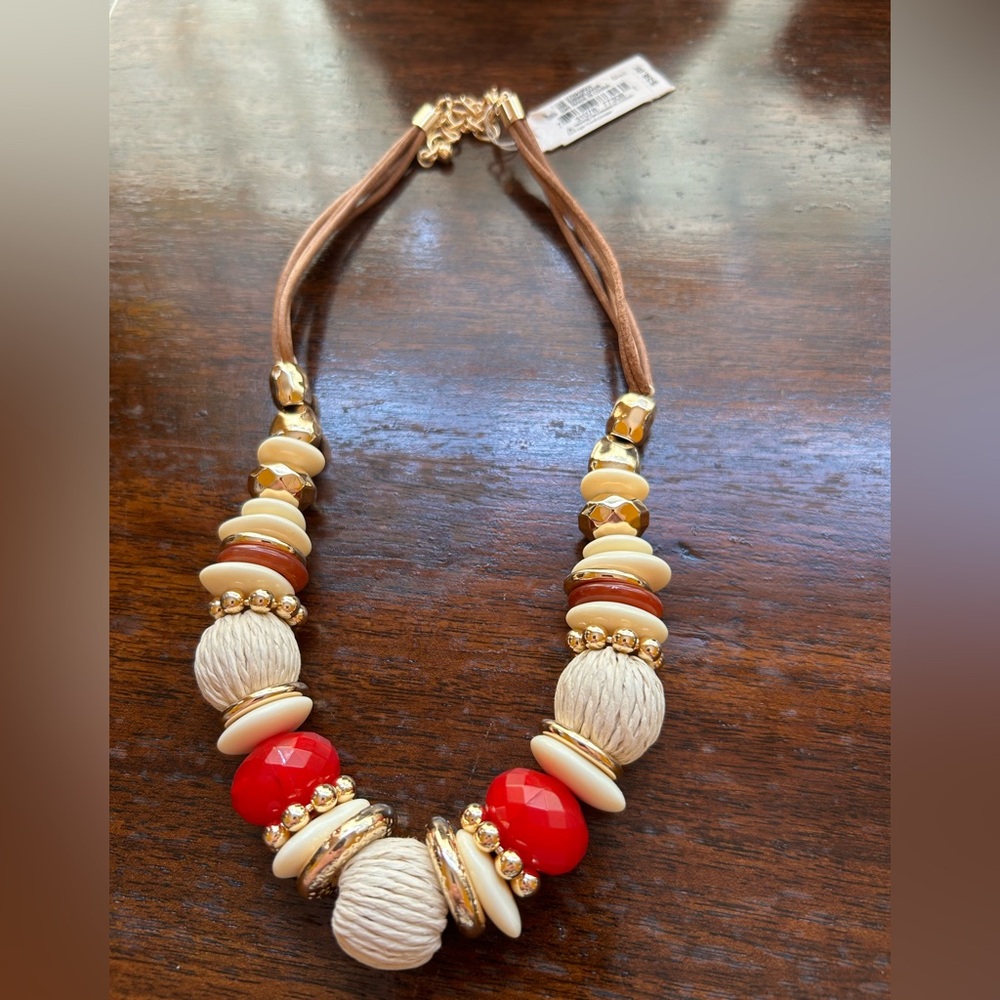 Dillard’s Gold & Red, Brown, Cream, White Beaded Necklace Metal Plastic Straw